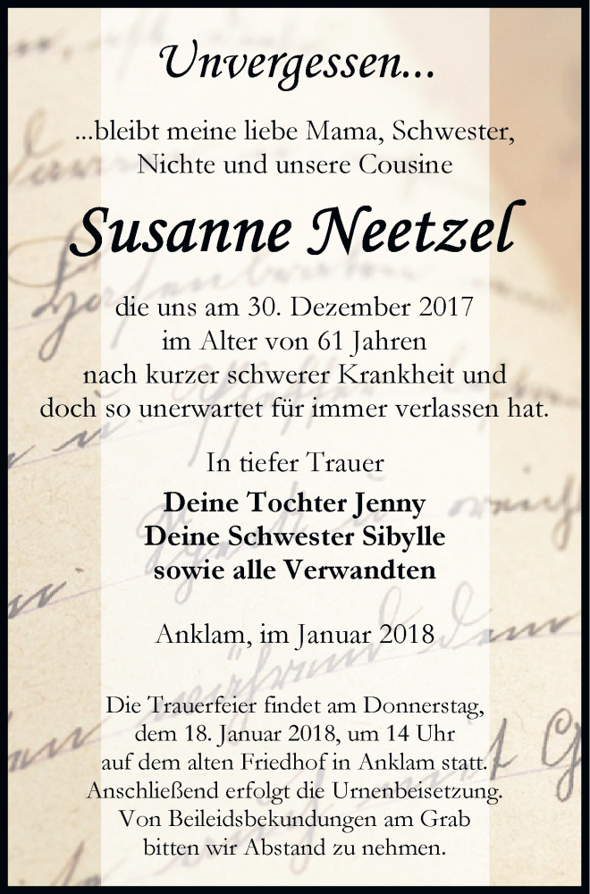  Traueranzeige für Susanne Neetzel vom 06.01.2018 aus Vorpommern Kurier