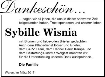 Traueranzeige von Sybille Wisnia von Müritz-Zeitung