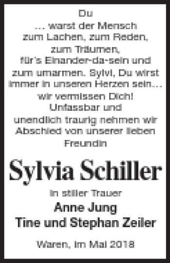 Traueranzeige von Sylvia Schiller von Müritz-Zeitung