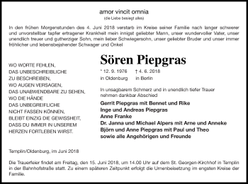 Traueranzeige von Sören Piepgras von Templiner Zeitung