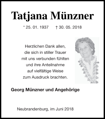 Traueranzeige von Tatjana Münzner von Neubrandenburger Zeitung