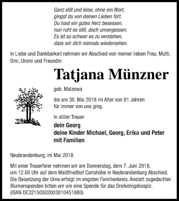 Traueranzeige von Tatjana Münzner von Neubrandenburger Zeitung