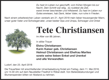 Traueranzeige von Tete Christiansen von Müritz-Zeitung