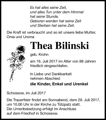 Traueranzeige von Thea Bilinski von Neubrandenburger Zeitung