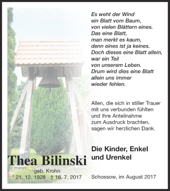 Traueranzeige von Thea Bilinski von Neubrandenburger Zeitung