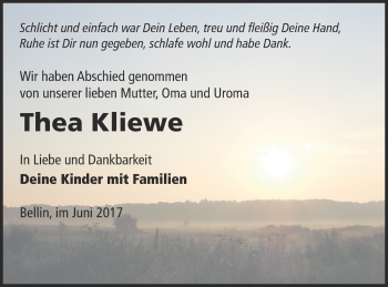 Traueranzeige von Thea Kliewe von Haff-Zeitung