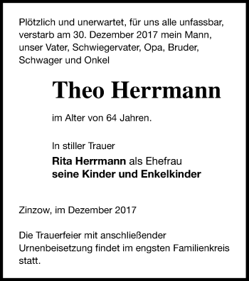 Traueranzeige von Theo Herrmann von Vorpommern Kurier