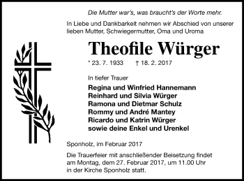 Traueranzeige von Theofile Würger von Neubrandenburger Zeitung