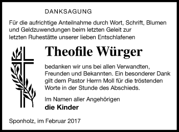 Traueranzeige von Theofile Würger von Neubrandenburger Zeitung