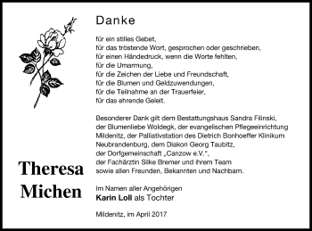 Traueranzeige von Theresa Michen von Strelitzer Zeitung