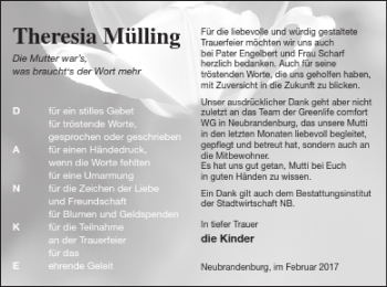 Traueranzeige von Theresia Mülling von Neubrandenburger Zeitung