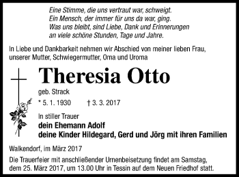 Traueranzeige von Theresia Otto von Mecklenburger Schweiz