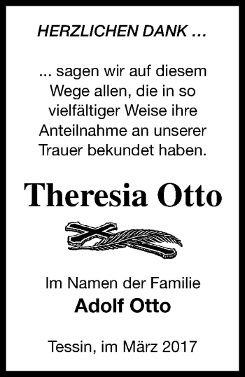 Traueranzeige von Theresia Otto von Mecklenburger Schweiz