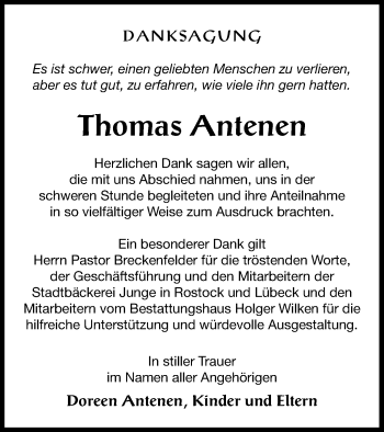 Traueranzeige von Thomas Antenen von Mecklenburger Schweiz