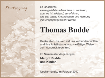 Traueranzeige von Thomas Budde von Haff-Zeitung