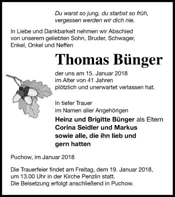 Traueranzeige von Thomas Bünger von Müritz-Zeitung