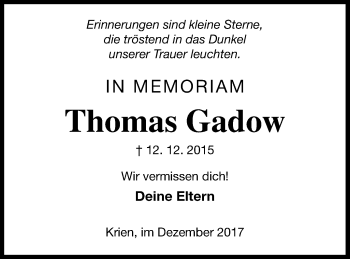 Traueranzeige von Thomas Gadow von Vorpommern Kurier