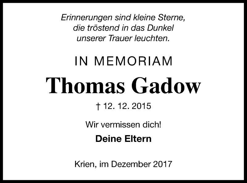  Traueranzeige für Thomas Gadow vom 12.12.2017 aus Vorpommern Kurier