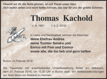 Traueranzeige von Thomas Kachold von Neubrandenburger Zeitung