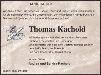 Traueranzeige von Thomas Kachold von Neubrandenburger Zeitung