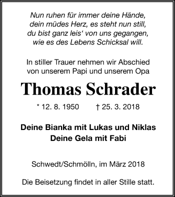 Traueranzeige von Thomas Schrader von Prenzlauer Zeitung