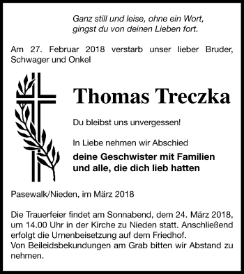 Traueranzeige von Thomas Treczka von Pasewalker Zeitung