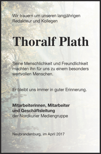 Traueranzeige von Thoralf Plath von Nordkurier Gesamtausgabe