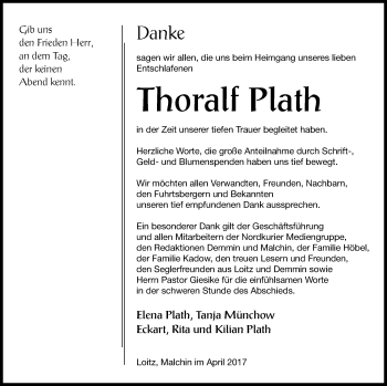 Traueranzeige von Thoralf Plath von Demminer Zeitung