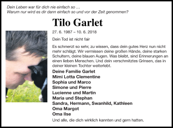 Traueranzeige von Tilo Garlet von Neubrandenburger Zeitung