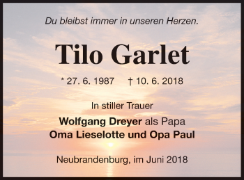 Traueranzeige von Tilo Garlet von Neubrandenburger Zeitung