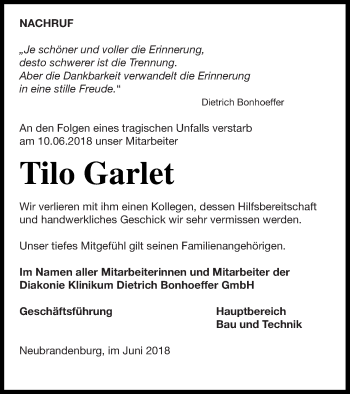 Traueranzeige von Tilo Garlet von Neubrandenburger Zeitung