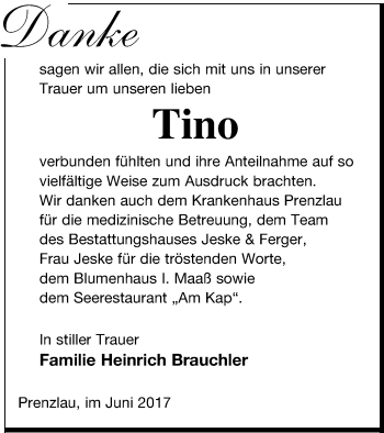 Traueranzeige von Tino Brauchler von Prenzlauer Zeitung