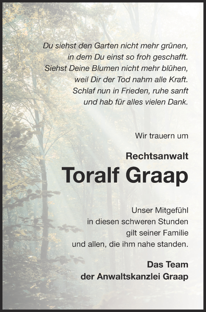  Traueranzeige für Toralf Graap vom 24.02.2017 aus Prenzlauer Zeitung