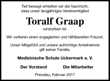 Traueranzeige von Toralf Graap von Prenzlauer Zeitung