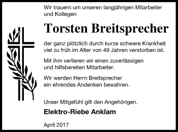 Traueranzeige von Torsten Breitsprecher von Vorpommern Kurier