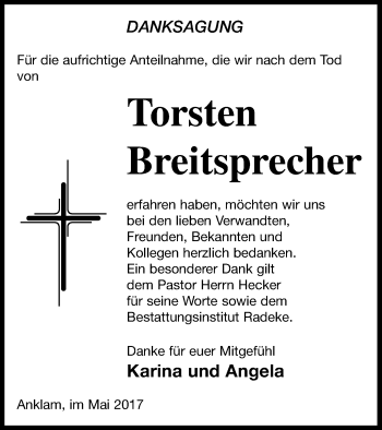 Traueranzeige von Torsten Breitsprecher von Vorpommern Kurier