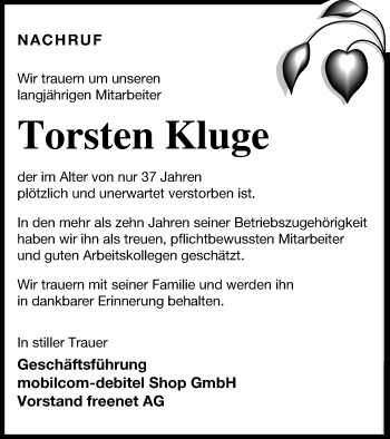 Traueranzeige von Torsten Kluge von Mecklenburger Schweiz