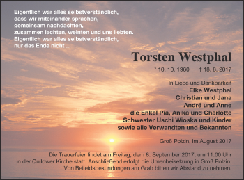 Traueranzeige von Torsten Westphal von Vorpommern Kurier