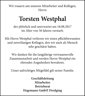 Traueranzeige von Torsten Westphal von Vorpommern Kurier