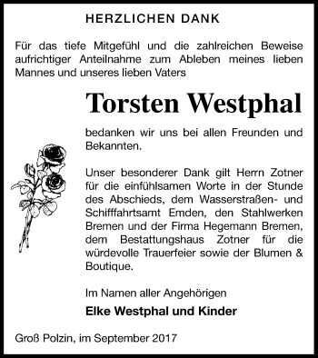 Traueranzeige von Torsten Westphal von Vorpommern Kurier