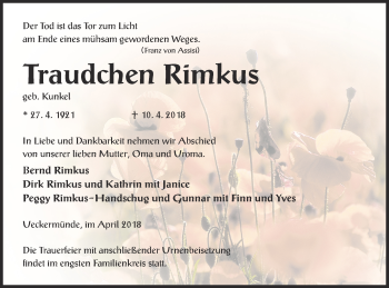 Traueranzeige von Traudchen Rimkus von Haff-Zeitung