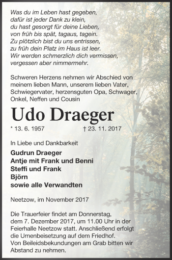 Traueranzeige von Udo Draeger von Vorpommern Kurier