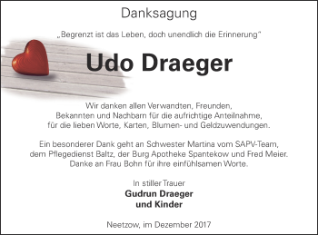 Traueranzeige von Udo Draeger von Vorpommern Kurier