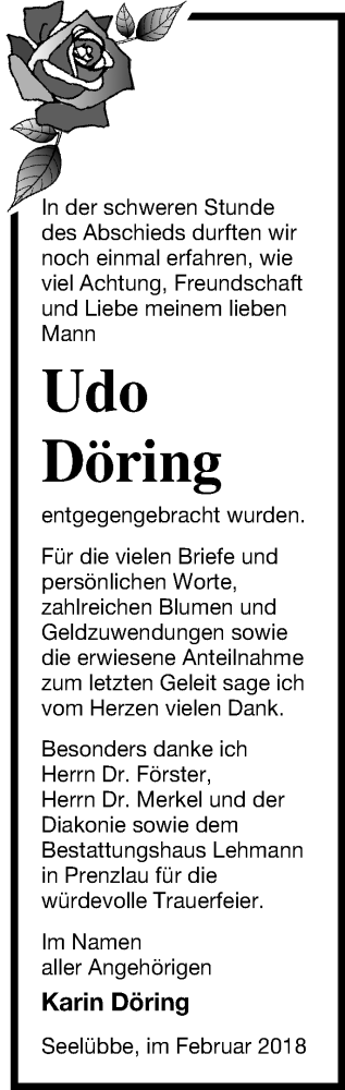 Traueranzeige von Udo Döring von Prenzlauer Zeitung