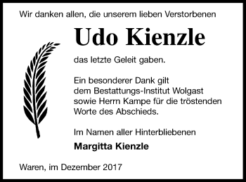 Traueranzeige von Udo Kienzle von Müritz-Zeitung