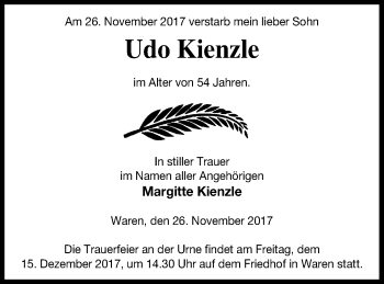 Traueranzeige von Udo Kienzle von Müritz-Zeitung