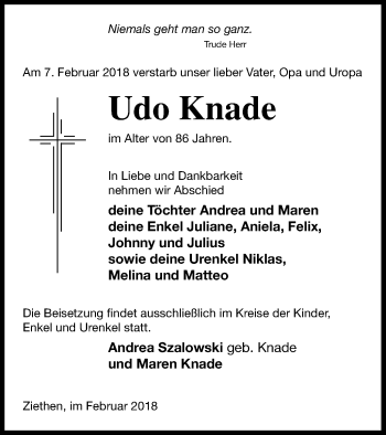 Traueranzeige von Udo Knade von Vorpommern Kurier