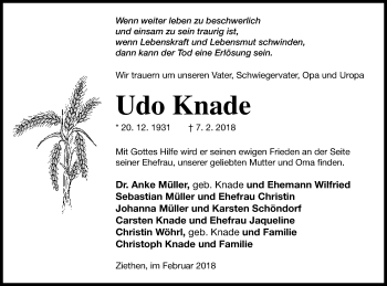 Traueranzeige von Udo Knade von Vorpommern Kurier