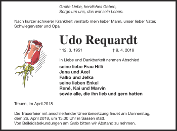 Traueranzeige von Udo Requardt von Vorpommern Kurier