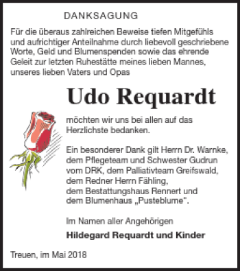 Traueranzeige von Udo Requardt von Vorpommern Kurier